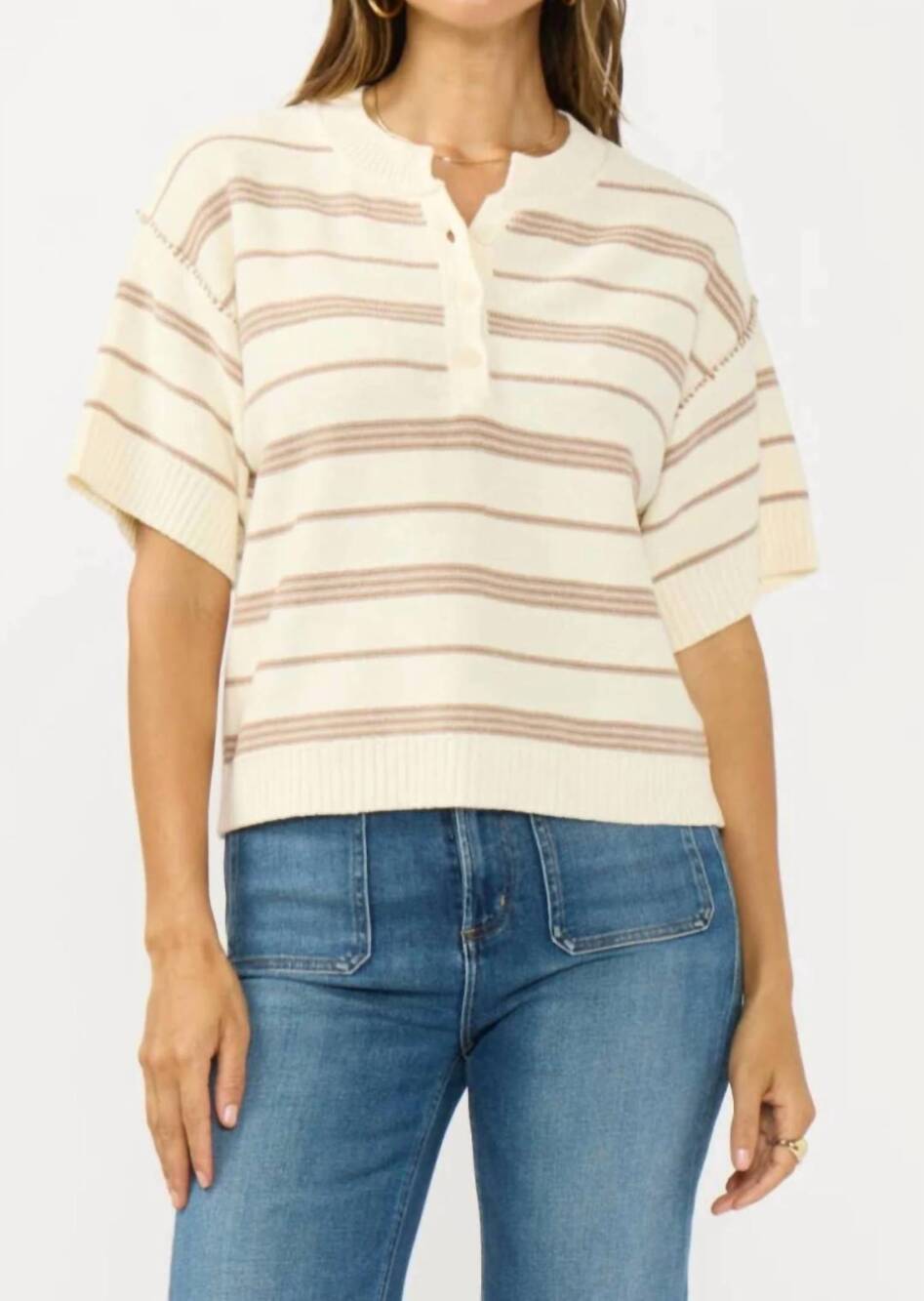 NEW LOVESTITCH stripe henley top in beige